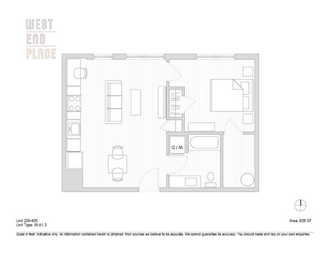 Floor plan for 1 bed, 1 bath, 626 sqft